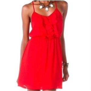 Francesca’s Birdcage Label Ruffle Front Spaghetti Strap Dress in Red Size Small